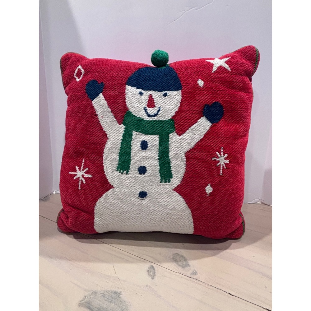 Red Needlepoint Snowman Christmas Decorative Throw Pillow 14.5in Square Holiday